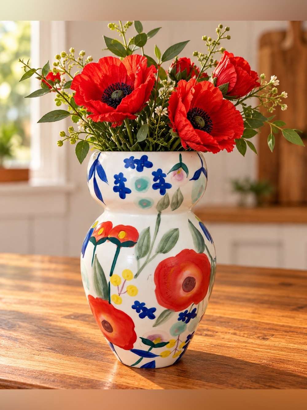 Anthropologie Floral Ceramic Vase Poppy Red Blue Flowers Boho Cottage Farm
